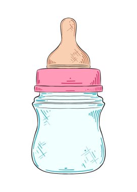 Posterler, dekorasyon ve yeni doğan baskılar için oymalı çocuk resimleri. Beyaz arka planda izole edilmiş bebek meme ucu şişesinin el çizimi. Ayrıntılı vintage oyma biçimi.