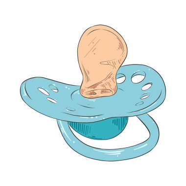 Posterler, dekorasyon ve baskı için oymalı çocuk resimleri. Göğüs ucunun el çizimi, beyaz arka planda mavi emzik. Ayrıntılı vintage oyma biçimi.