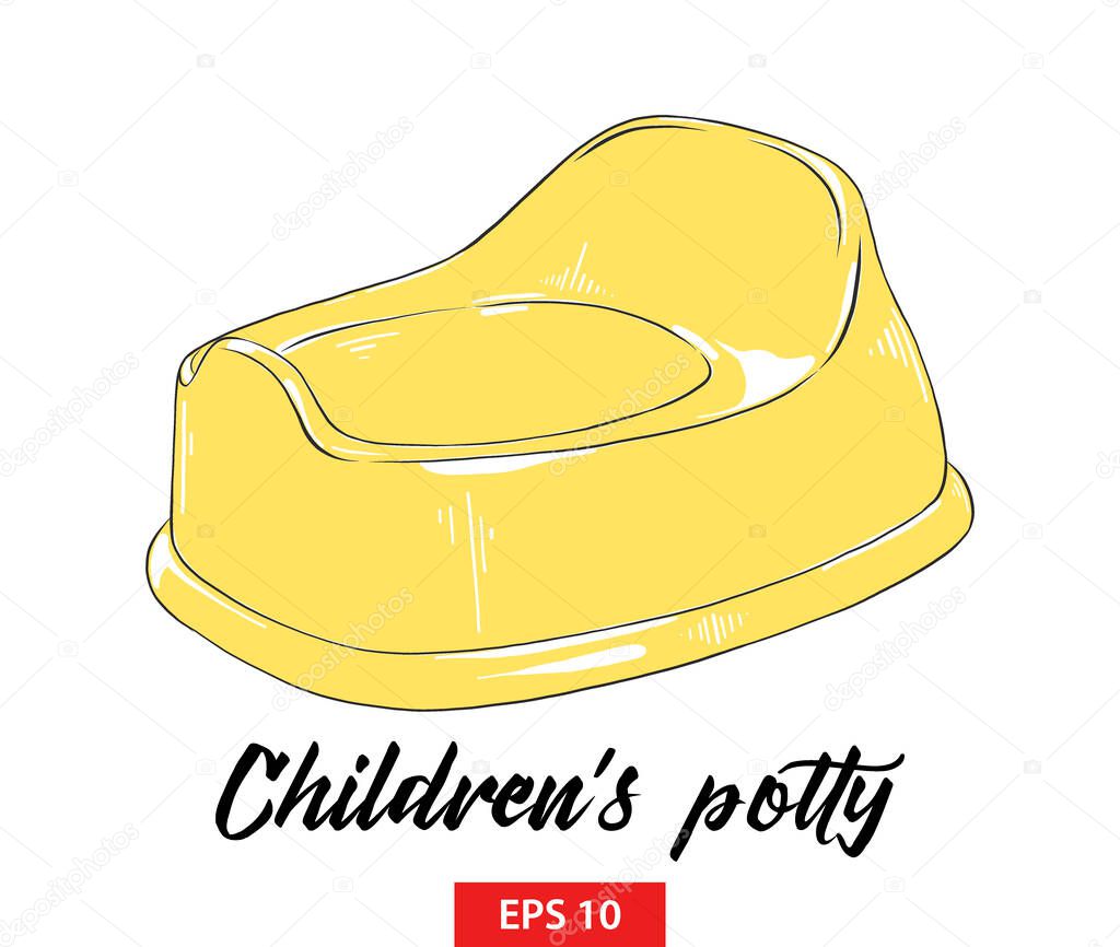 Vector engraved style children illustration for posters, decoration and print. Hand drawn sketch of baby potty in yellow isolated on white background. Detailed vintage etching style drawing.