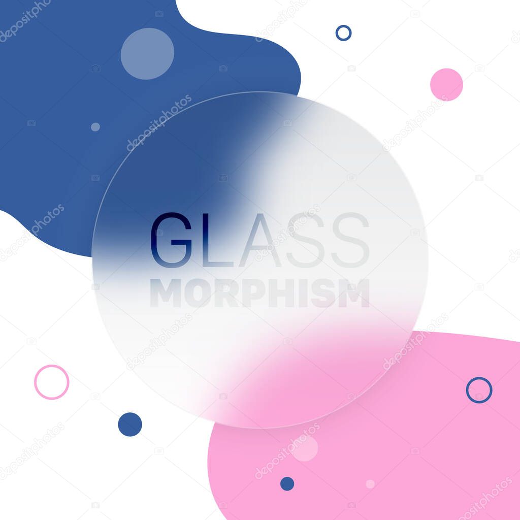 Vector glass morphism style. Translucent circle on fluid background with circles and liquid shapes. Frosted transparent glass and colored bright circles. Place for your text, for web, ui, apps. 