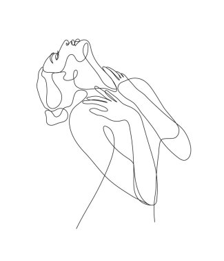 Tek çizgili genç kadın figürü, vücut, kadın güzelliği, minimalist güzel kız. Dinamik sürekli bir çizgi grafik vektör tasarımı. Siyah beyaz illüstrasyon