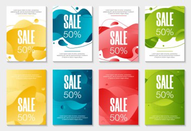 8 soyut modern grafik sıvı pankart seti. Dinamik dalgalar farklı renkli sıvı formları. Akan sıvı gradyan şekilli izole şablonlar. Özel teklif, broşür veya sunum için.