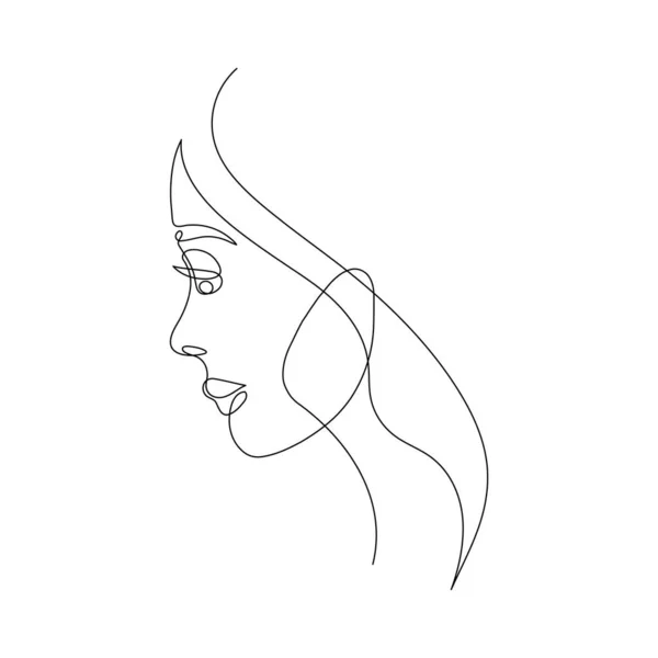 Tek sıra çizilmiş genç kadın portresi kadın güzelliği, minimalist güzel kız yüzü. Dinamik sürekli bir çizgi grafik vektör tasarımı. Siyah beyaz illüstrasyon