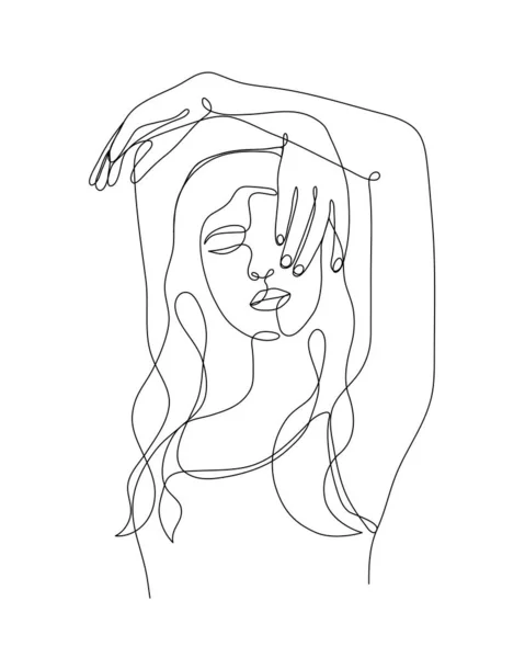 Tek çizgili genç kadın figürü, vücut, kadın güzelliği, minimalist güzel seksi kız. Dinamik sürekli bir çizgi grafik vektör tasarımı. Siyah beyaz illüstrasyon