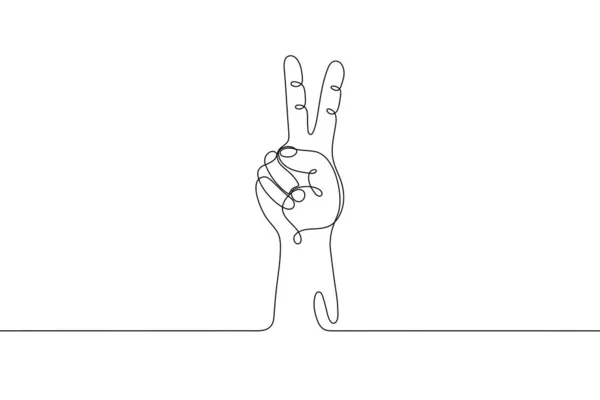 单线手绘手势 简约人的手与胜利或两个举起的标志手指 象征着好运 动态连续单行图形矢量设计 — 图库矢量图片
