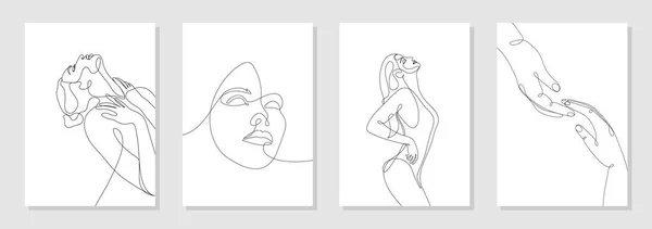 一套四幅墙上的艺术海报 单行画的年轻女子体形 容貌漂亮 几乎不能触摸到手 极简主义 白色上孤立的动态连续单行图形矢量设计 — 图库矢量图片