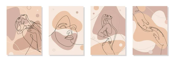 Dört duvar sanat posterinden oluşan bir set. Tek çizgi çizilmiş genç kadın figürü, vücut, güzel yüz, neredeyse hiç dokunmamış eller, minimalist. Pastel sıvı şekilli dinamik sürekli bir çizgi grafik vektör tasarımı. 