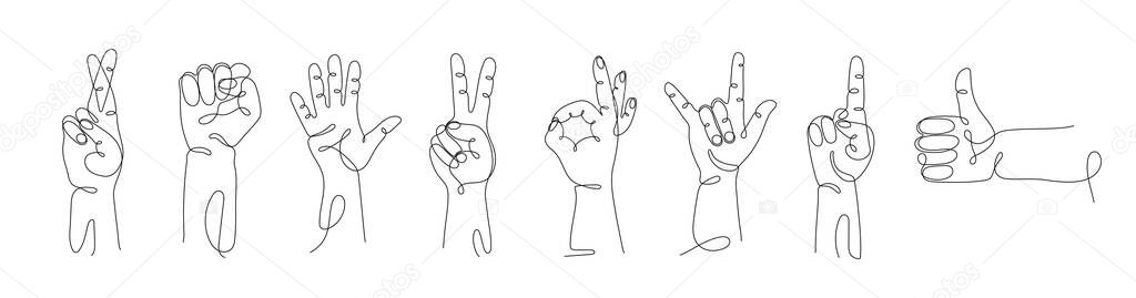 Single line drawn hand gestures set,  minimalistic human hands with like sign, OK, one, two, five, rock, stop, hello, fist, cross fingers, pointing finger. Dynamic continuous one line graphic vector
