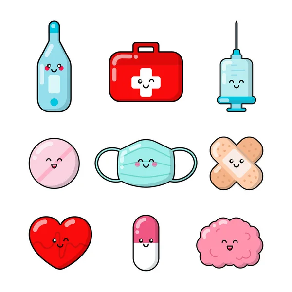 Medicine Patches Badges Stickers Logos Set Cute Funny Cartoon Characters — Stock Vector