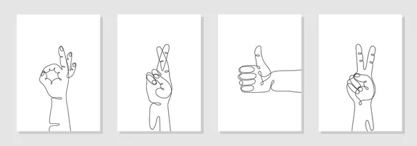 Una Sola Línea Dibujado Gestos Mano Conjunto Manos Humanas Minimalistas — Vector de stock