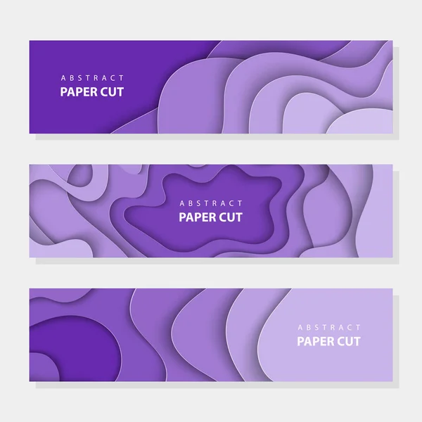 纸切波形状抽象模板 深紫色背景流行 横向横幅 覆盖布局 社交媒体设计 3D抽象纸艺术风格 — 图库矢量图片