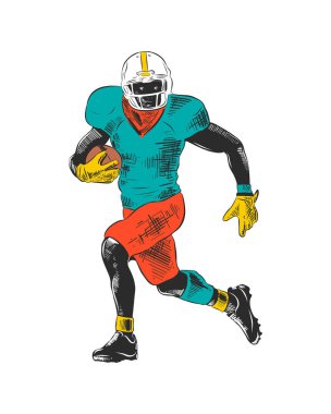 Posterler, süsleme ve baskı için oyulmuş stil illüstrasyon vektör. Amerikan futbolu oyuncusu renkli çizilmiş kroki üzerinde beyaz arka plan izole ver. Vintage gravür tarzı çizim ayrıntılı.