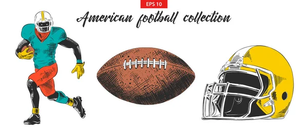 Posterler, dekorasyon ve logo için oymalı stil çizimleri. Beyaz arka planda Amerikan futbolcusu, top ve kask setinin el çizimi. Ayrıntılı eski resim.