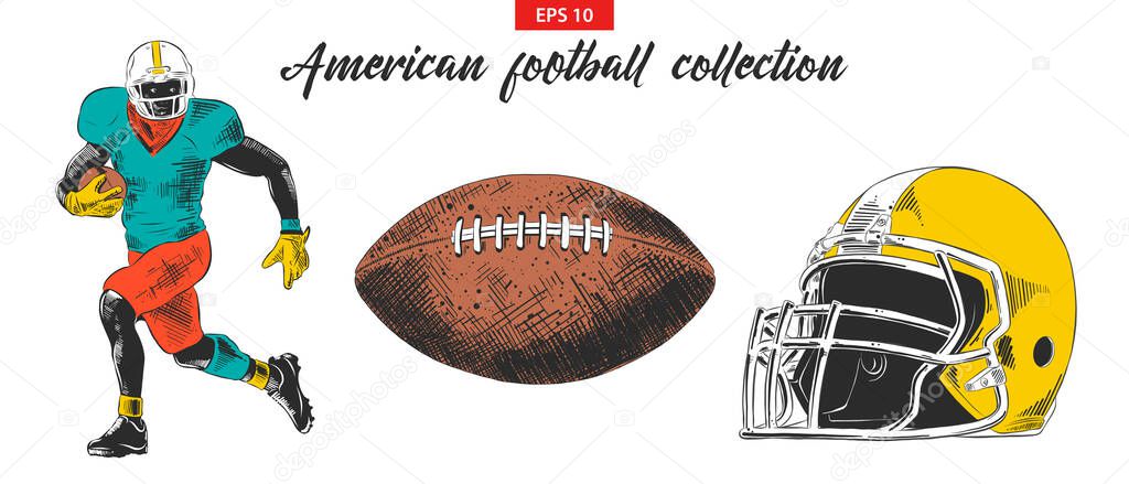 Vector engraved style illustrations for posters, decoration, logo. Hand drawn sketch of American football player, ball and helmet set isolated on white background. Detailed vintage etching drawing.