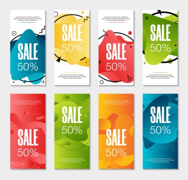 8 soyut modern grafik sıvı pankart seti. Dinamik dalgalar farklı renkli sıvı formları. Akan sıvı gradyan şekilli izole şablonlar. Özel teklif, broşür veya sunum için. 