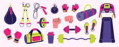 Sport equipment elements in modern flat line style. Hand drawn fitness inventory, gym accessories vector illustrations. Healthy lifestyle. Dumbbell, sport bag, barbell, fist, shoes, boxing gloves.
