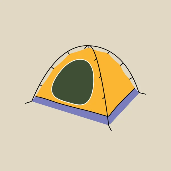 Camping Equipment Yellow Tent Modern Flat Line Style Hand Drawn — Stock vektor