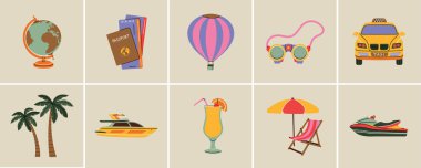 Modern düz çizgi tarzında seyahat ögesi seti: taksi, pasaport, palmiye ağacı vs. Boş zamanların, tatillerin, çizgi film tasarımlarının el çizimi vektör çizimleri. Klasik tatil yaması, rozet, amblem.