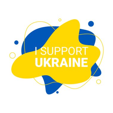 I Support Ukrayna, Ukrayna sarı ve mavi bayrak renklerinin vektör sıvısı ve akışkan arkaplan çizimi. Savaş ve askeri saldırı bayrağını durdurun.