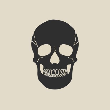 Modern tarz düz çizgide insan kafatası elementi. Eski insan kafatası kemiklerinin el çizimi vintage çizimi, ölü adam kafası çizgi film tasarımı. Antika yama, rozet, amblem, logo.