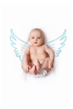 Baby boy cupid with blue doodle wings.