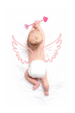 Baby boy cupid with pink doodle wings.