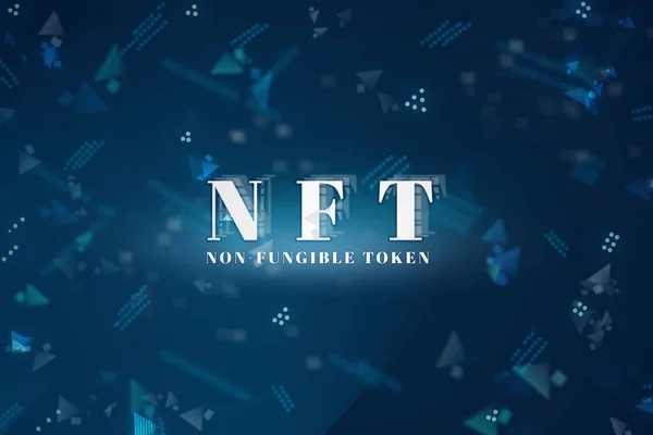 NFT. Метаверс. Неоновый синий текст на чёрном. Стоковое Фото