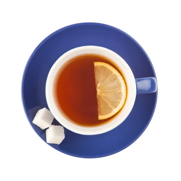 Mavi Çay fincanı şeker ve limon ile. — Stok fotoğraf
