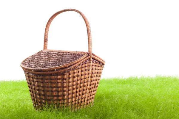 Picknickmand op het gras — Stockfoto