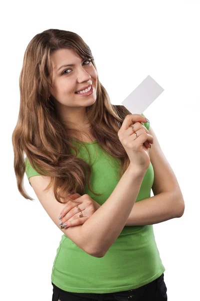 Young woman showing a business card. — Stock Photo, Image