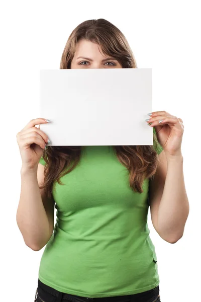 Young woman closing a half of her face with white sign — Stock Photo, Image