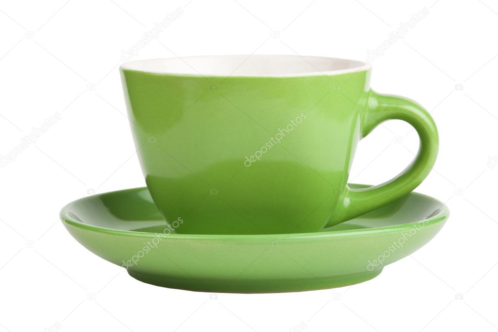 Empty green cup isolated on white, front view