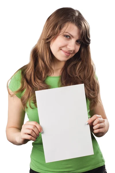 Young woman showing white blank placard — Stock Photo, Image