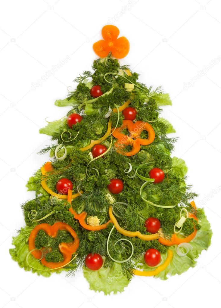 Christmas tree made of different vegetarian food
