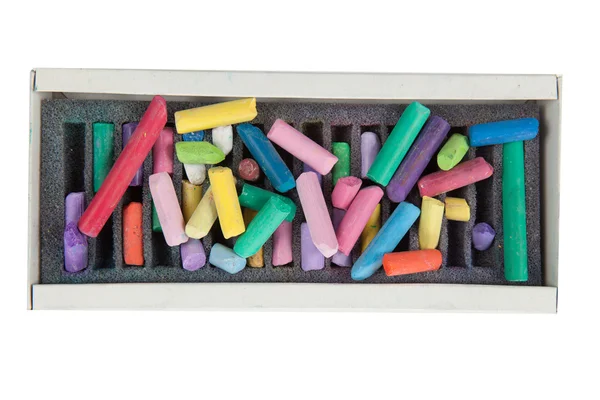 Multicolored pastel chalks on box — Stock Photo, Image