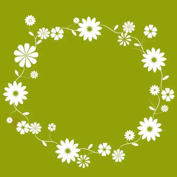 在绿色背景白色鲜花圆边框 — 图库照片
