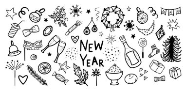 Tekstil tasarımları, kartpostallar, takvimler, fotoğraf çerçeveleri oluşturmak için izole edilmiş basit el çizimi yeni yıl unsurları kümesi. 