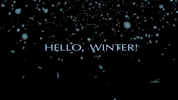 Nettes Filmmaterial mit Schneeflocken und Text hallo Winter für Desktop-Bildschirmschoner und herzlichen Glückwunsch zur E-Mail. — Stockvideo