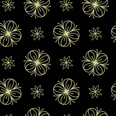 Tekstil ve kağıt tasarımı için siyah zemin üzerinde altın çiçekleri olan klasik dikişsiz desen.