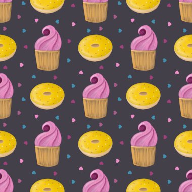 Tatlı desenli pastalar, donut ve koyu arkaplanda kalpler. Kusursuz kumaş dokusu.