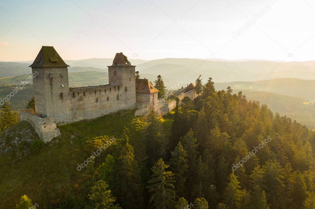 Aerial view of medieval Kasperk castle in a sunny day in South Bohemia, Sumava, Czech Republic