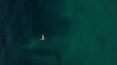 Sarı mayo giymiş bir kadının temiz suyla denizde yüzüşünün en üst görüntüsü.