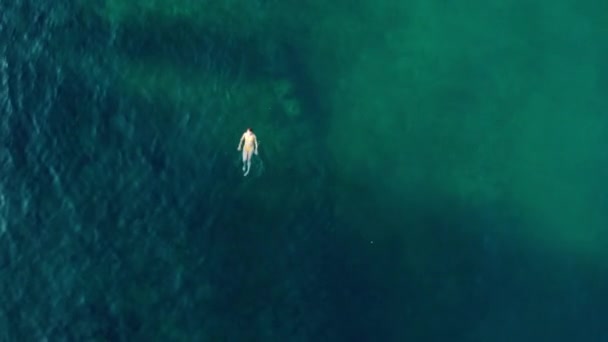 身穿黄色泳衣的女子在清澈海水中游泳的头像 — 图库视频影像