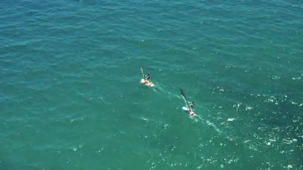 两个人在海浪上练习冲浪，夏天在海里。登船是一项极端的运动 — 图库视频影像