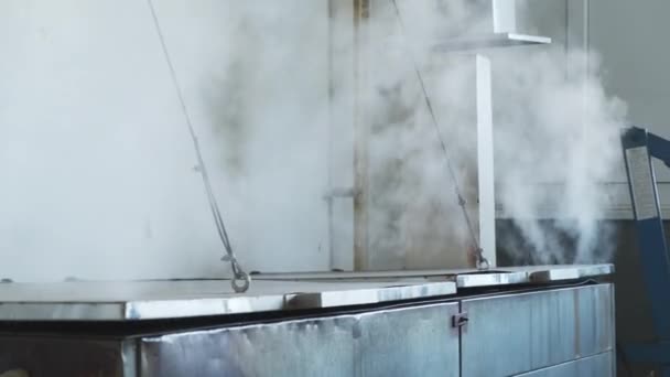 Öfen mit Metalldeckeln und Dampfwolken im Geschäft geschlossen — Stockvideo