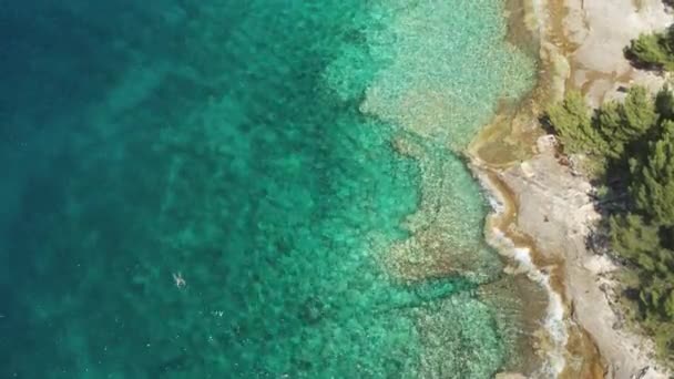 Des vagues de mer azur transparentes roulent sur une plage rocheuse vide à la station — Video