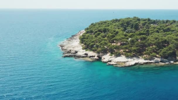 Острів Скелі з сосновими деревами в безмежному блакитному морі — стокове відео