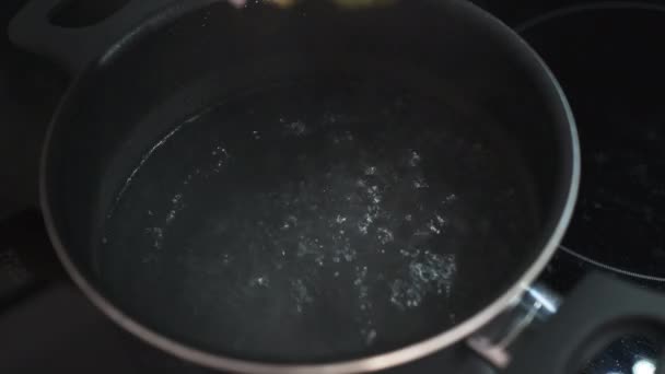 Vrouw gooit rauwe ravioli in steelpan met kokend water — Stockvideo