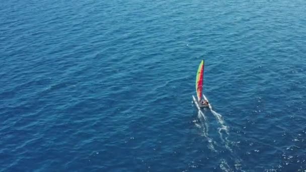 Katamarán loď s jasnými plachtami plachty rychle podél moře — Stock video