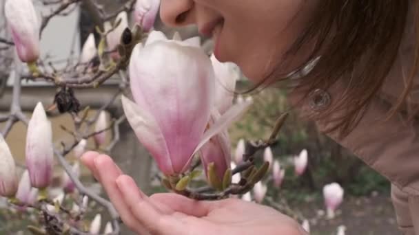 Женщина нежно пахнет розовым цветом магнолии в весеннем парке — стоковое видео
